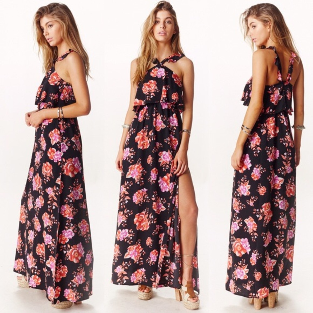 Tularosa Black Maxi Dress with Pink & Coral Floral Print